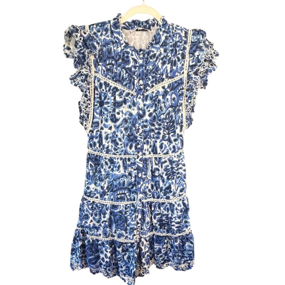 House of Harlow 1960 Melba Blue Floral Ruffle Lace-Trim Button Front MiniDress M